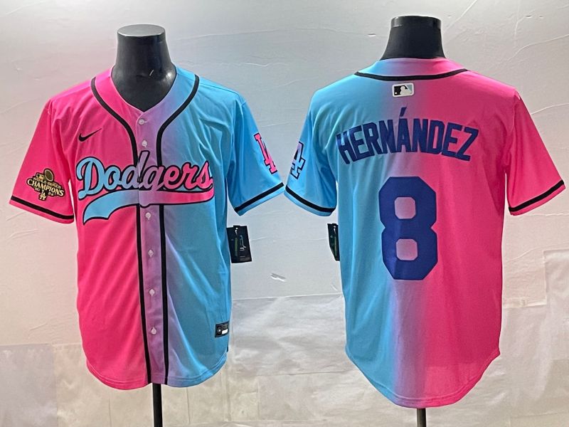 Men Los Angeles Dodgers 8 Hernandez Blue pink Game 2025 Nike MLB Jersey style 006